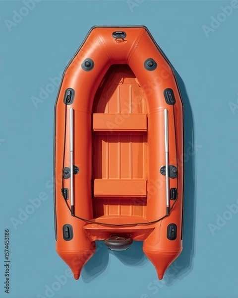 Fototapeta Orange Inflatable Boat: Overhead perspective of an orange inflatable boat against a vibrant, solid background, showcasing its practical design and readiness for aquatic adventures.