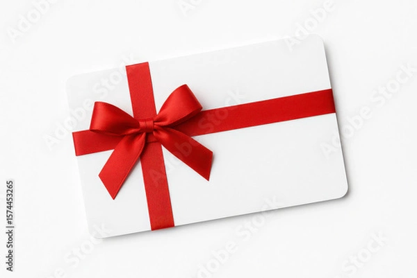 Fototapeta blank white gift card with red ribbon band isolated on white