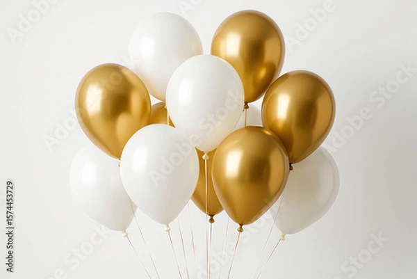 Fototapeta cluster of blank and golden balloons filled with helium air isolated on white