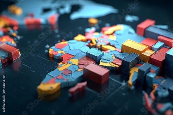 Obraz 3D trade map with containers blocked by rising tariff wall