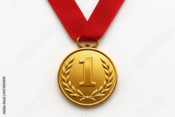 Fototapeta gold shiny first place medal with red ribbon band isolated on white