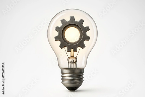 Fototapeta light bulb with metal gear symbolizing creativity and innovation isolated on white