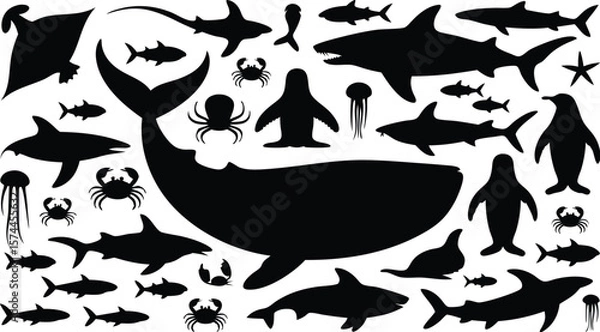 Fototapeta Silhouette Compilation of Marine Animals Sharks, Whale, Penguins, Jellyfish, Starfish, Crabs, and Fish
