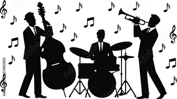 Fototapeta Silhouette of Jazz Musicians Playing Instruments Bass, Trumpet, and Drums With Musical Notes