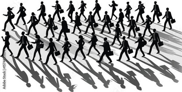 Fototapeta Silhouetted Crowd of Business People Walking with Briefcases and Long Shadows on White Background