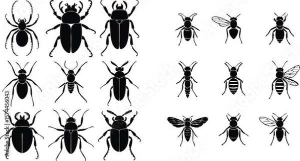 Fototapeta Silhouettes of Various Insects Beetles, Bees, Ants, and a Spider Isolated on White Background