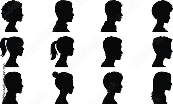 Fototapeta Twelve Black Silhouettes of Diverse People in Profile with Different Hair Styles and Lengths