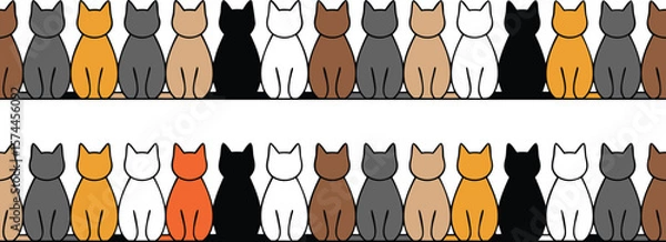 Fototapeta Two Rows of Cartoon Cats in Various Colors Sitting Close Together in a Row