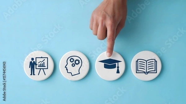 Obraz A finger presses a graduation cap symbol, representing educational goals, alongside symbols of learning, knowledge, and training on a light blue background.