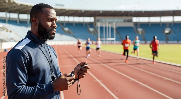 Fototapeta African american coach timing runners with a stopwatch on a track in a stadium on a sunny day