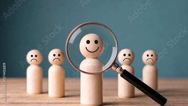 Obraz Wooden figurines show the selection process, highlighting a happy face under a magnifying glass amidst others with sad faces, depicting positivity, success, and recruitment.