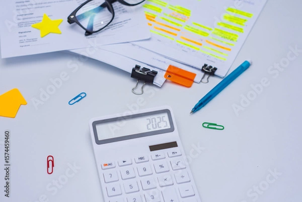 Obraz Finance and budget planning concept with eyeglasses, a calculator displaying 2025. Documents with highlighted text, and colorful office supplies on a white desk.