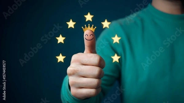 Obraz Thumbs up for excellent service, featuring a drawn face on a finger with a crown and surrounded by stars, conveying approval and success on a deep blue background.