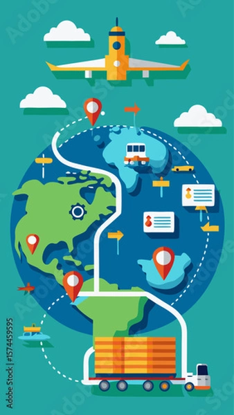 Fototapeta A blue background with a map of the world and various airplanes, ships, and trucks. Concept of global transportation and the interconnectedness of different countries and regions