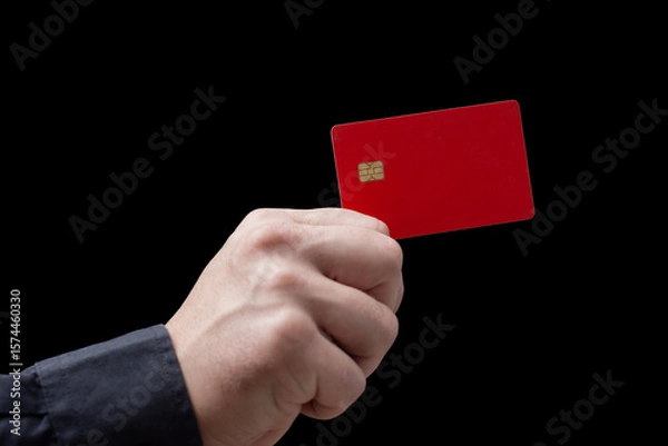 Obraz Close-up of a hand holding a red credit or debit card with chip on a black background. Concept of banking, finance, contactless payment and online shopping.