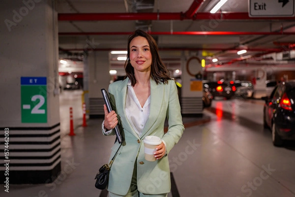 Fototapeta Businesswoman walking through a parking garage after work, carrying a laptop and takeaway coffee, heading home or to another meeting, exemplifying a modern, ambitious lifestyle