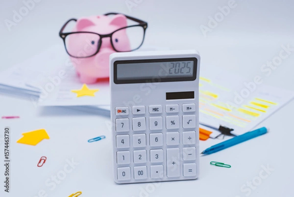 Obraz Finance and budget planning concept with a pink piggy bank wearing eyeglasses, a calculator displaying 2025. Documents with highlighted text, and colorful office supplies on a white desk.