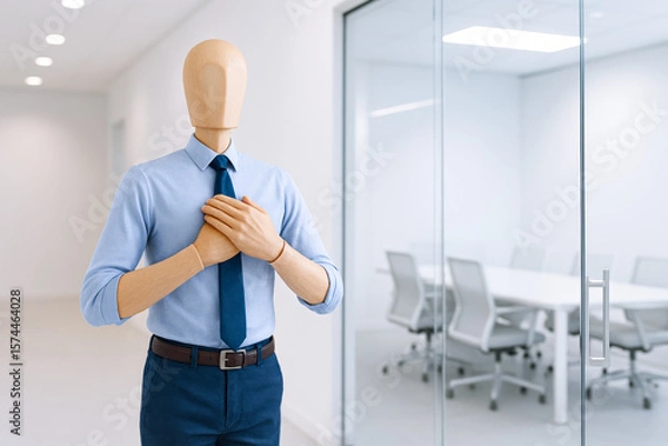 Fototapeta Mannequin dressed business attire standing modern office space with glass walls and conference room furniture, conveying sense of daily work routine and stress with touch of relaxation