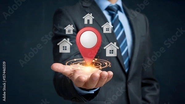 Obraz Real estate professional presents property locations with a red pin on his hand, showcasing opportunities and highlighting the ideal spot to invest in a new home.