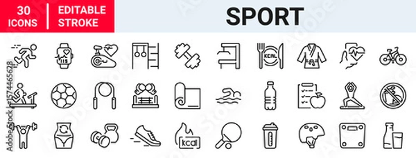 Fototapeta Diet and sport. Fitness related line icon set. Gym exercises linear icons. Sport and training outline vector signs and symbols collection.