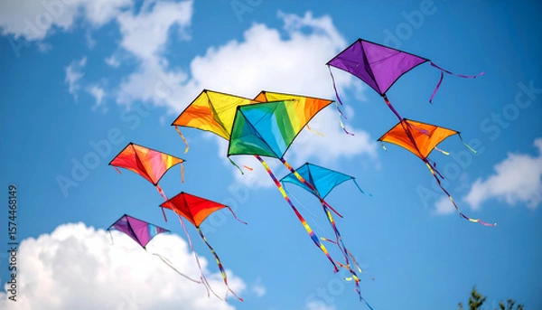 Obraz Colorful kites fly sunny sky.