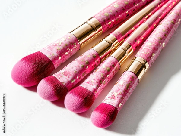 Fototapeta Pink makeup brushes with gold accents are arranged on white surface, showcasing their vibrant color and elegant design. brushes vary in size, suitable for different makeup applications