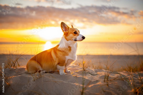 Fototapeta A corgi sits on a sandy beach at sunset