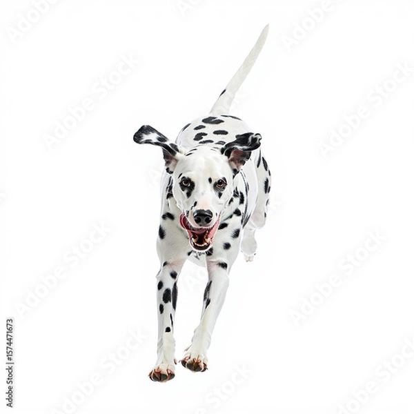 Fototapeta Dalmatian dog running with tongue out isolated on white background