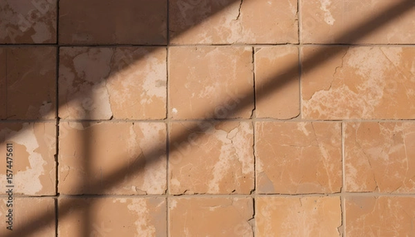 Fototapeta Terracotta tiles with warm, earthy tones, partially bathed in sunlight and strong shadows from the left, creating a dynamic background.