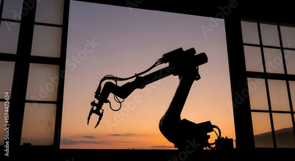 Fototapeta Robotic arm silhouette sunset window
