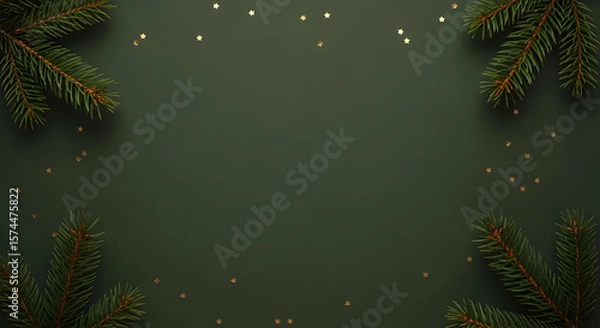Obraz Green holiday background with evergreen branches and confetti