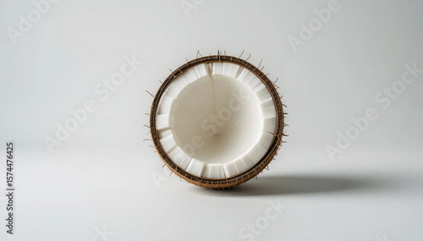 Fototapeta A perfectly halved coconut, showcasing its white flesh and clearly defined brown shell on a clean background.