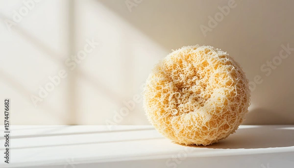 Fototapeta A natural loofah sponge stands on a clean surface, with soft textures and a distinct shadow on the left.