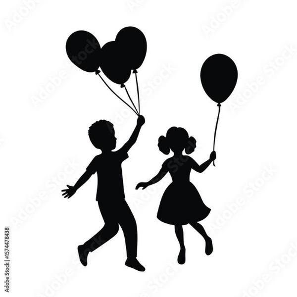 Fototapeta Silhouette of a boy and girl running with balloons on a white background racing