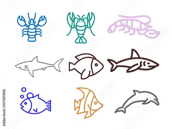 Fototapeta Set of fish silhouette sea fish line art vector icon on white background.