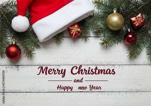 Obraz Christmas hat with ornaments and pine branches