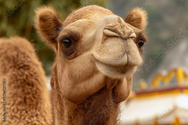Fototapeta a camel with a very large brown face and a white roof behind it's head and a tree in the background