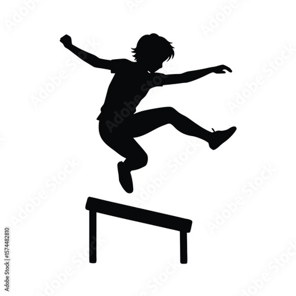 Fototapeta Black silhouette of a young person jumping over a hurdle on a white background obstacle