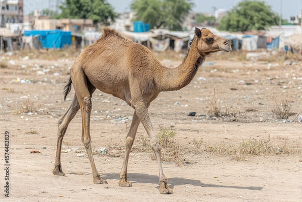 Fototapeta a camel walking in the dirt near a building and trees in the background with a few buildings in the distance