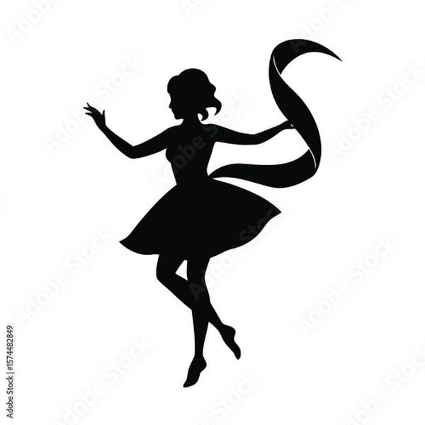 Fototapeta Black silhouette of a girl dancing with a flowing ribbon on a white background vector