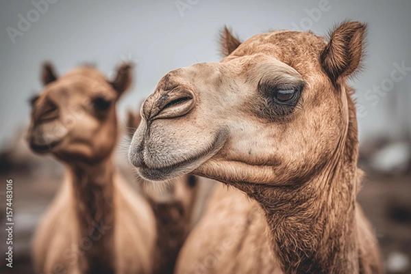 Fototapeta a camel with a sad look on its face and nose, with other camels in the background