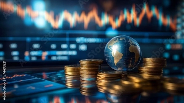 Fototapeta A small globe sits atop stacks of gold coins with a blurry financial stock chart in the background, symbolizing global finance and economic markets.