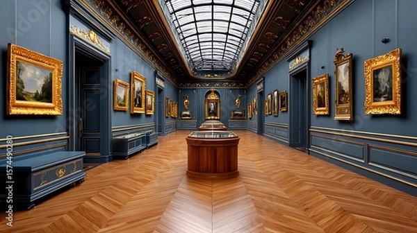 Fototapeta Elegant art gallery with classical paintings and ornate gold frames under a skylight
