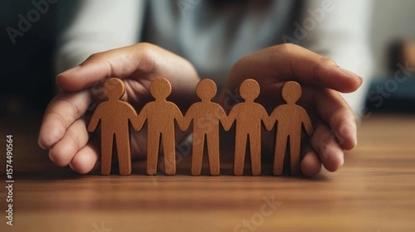 Fototapeta Hands gently protect a line of paper cutout people figures, symbolizing unity, care, and community support.