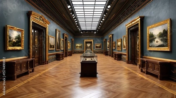 Fototapeta Elegant art gallery hallway featuring classical paintings and ornate gold frames