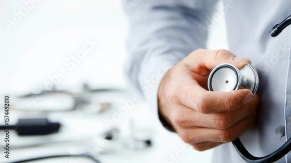 Obraz Close-up of a doctor's hand holding a stethoscope chest-piece in a clinical setting, wearing a light-colored medical coat with blurred medical equipment in the background.
