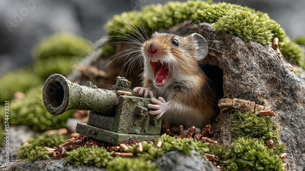 Obraz Hamster with cannon on the stone in the forest. Wildlife scene from nature.