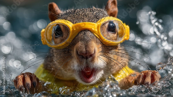 Obraz Squirrel in a swimming suit and yellow glasses. Close-up.