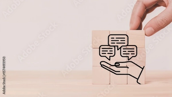 Obraz Wooden blocks display communication in hand illustration concept