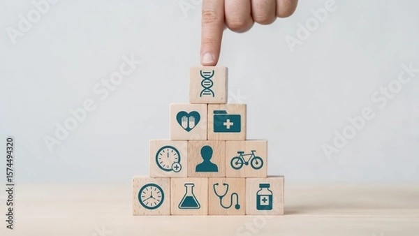 Obraz Stacking wooden blocks with health and wellness icons for medical care